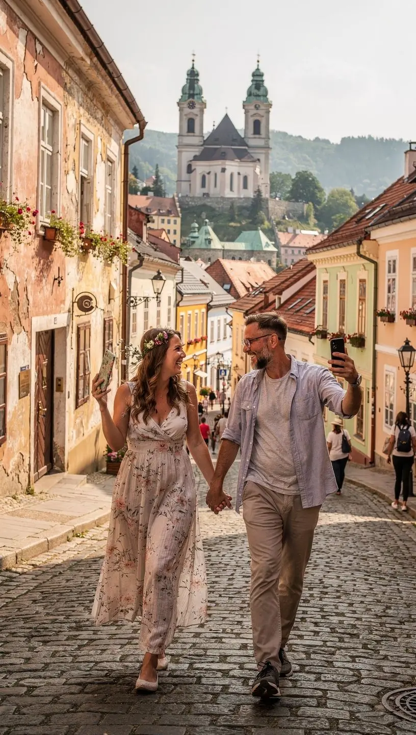 A cozy café terrace in a charming Slovak village, inviting travelers to relax with traditional pastries and coffee.