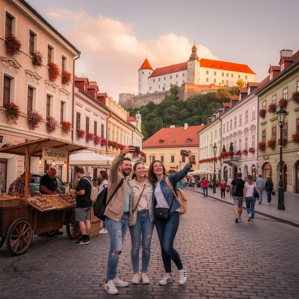 A cozy hotel room with a view of the Slovak countryside, perfect for travelers to unwind.