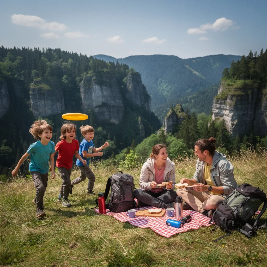 A group of friends exploring a hiking trail in the Slovak Paradise National Park, surrounded by nature.